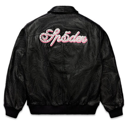 Sp5der Black Debossed Web Leather Jacket.,