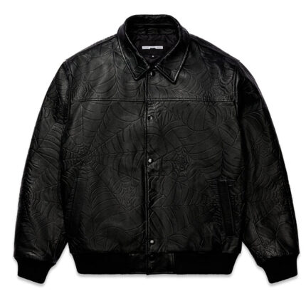 Sp5der Black Debossed Web Leather Jacket